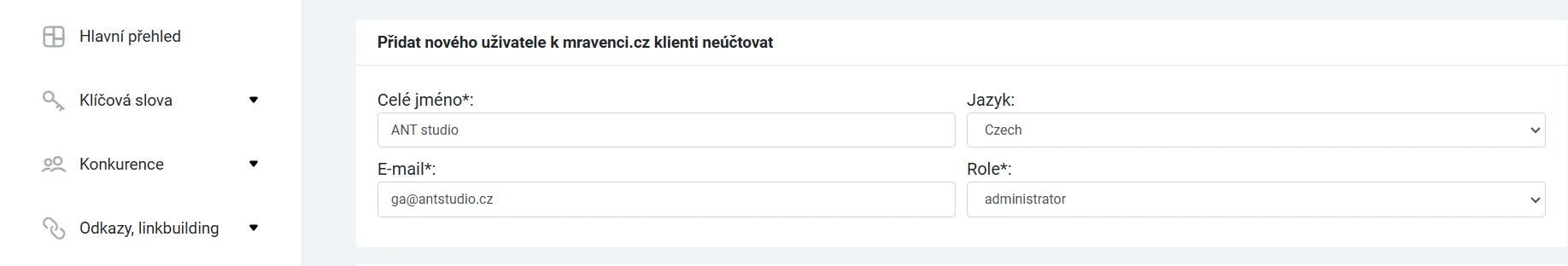 Formulář pro přidání nového uživatele v Collabimu | Jak nasdílet přístup na Collabim.cz