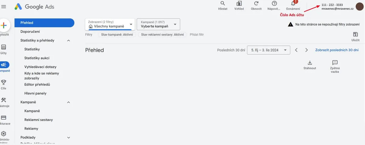 Číslo Google Ads účtu v pravém horním rohu | Jak nasdílet přístup k Google Ads