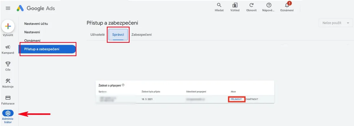 Potvrzení pozvánky v sekci Přístup a zabezpečení | Jak nasdílet přístup k Google Ads