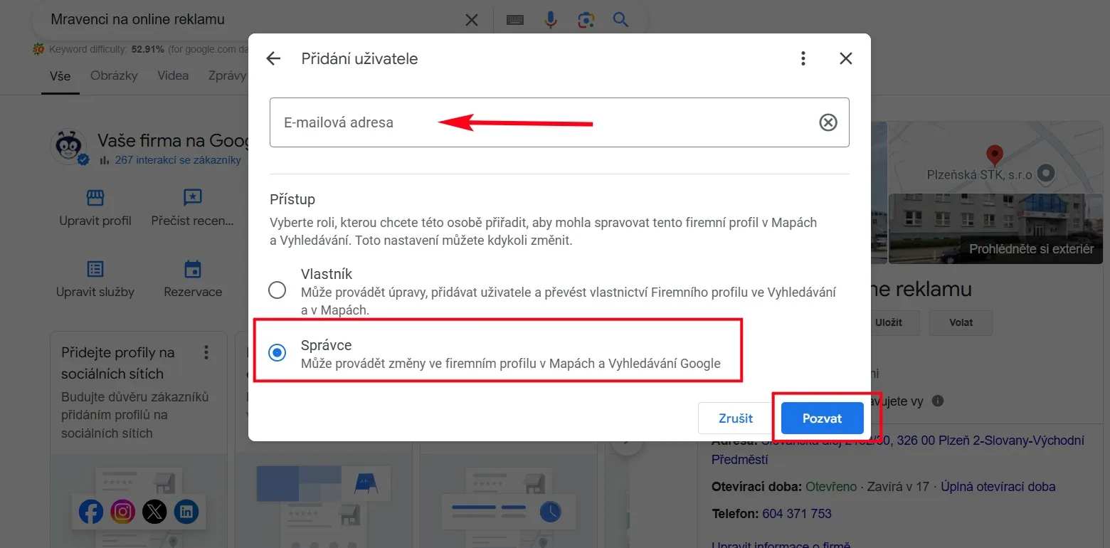 Přidání uživatele s rolí Správce | Jak nasdílet přístup do Google Business