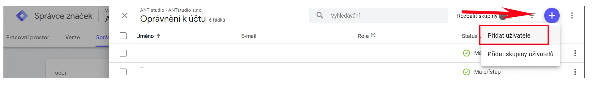 Tlačítko Přidat uživatele v Google Tag Manager | Jak nasdílet přístup k Google Tag Manager