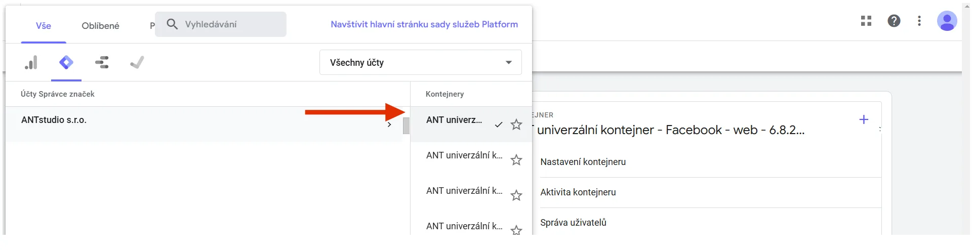 Výběr kontejneru v Google Tag Manager | Jak nasdílet přístup k Google Tag Manager