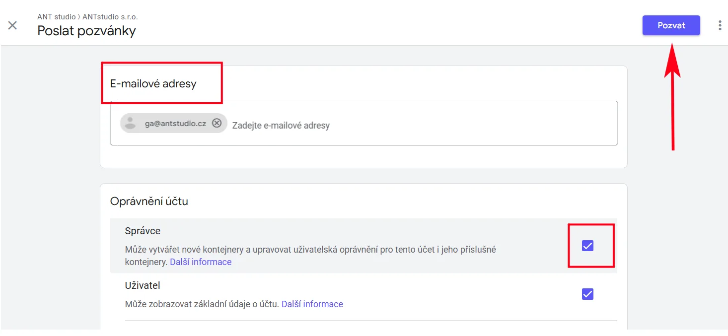 Odeslání pozvánky s e-mailovou adresou v Google Tag Manager | Jak nasdílet přístup k Google Tag Manager