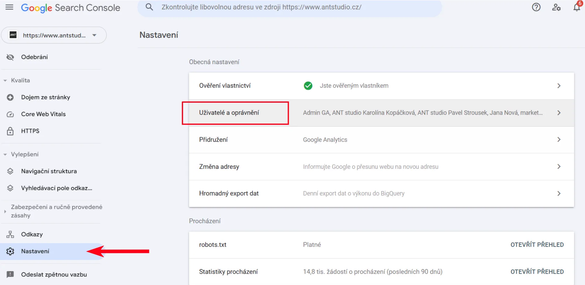 Nastavení a sekce Uživatelé a oprávnění v Google Search Console | Jak přidat nového uživatele do Google Search Console