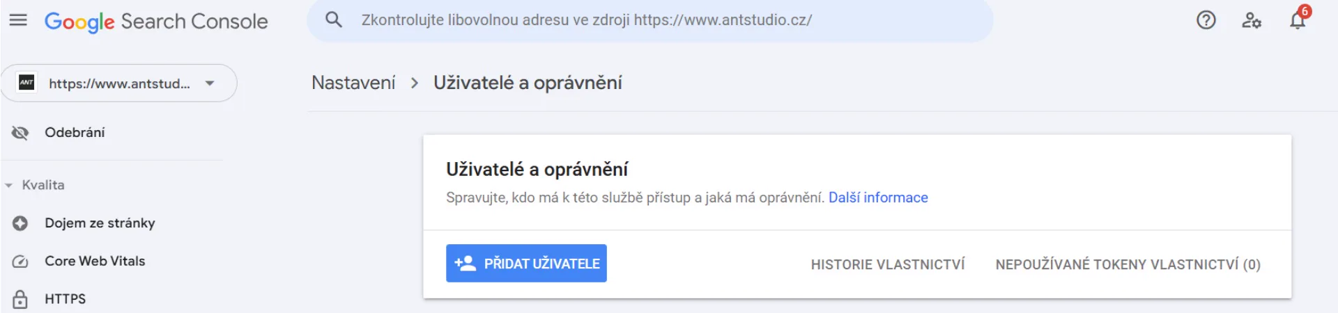 Tlačítko Přidat uživatele v Google Search Console | Jak přidat nového uživatele do Google Search Console