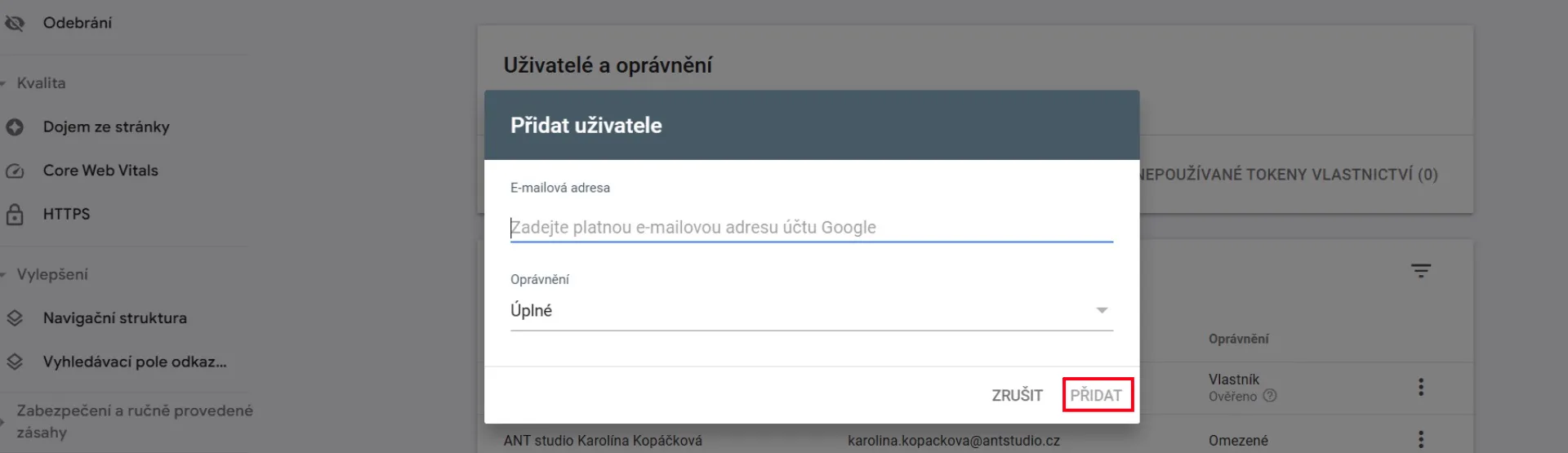 Zadání e-mailové adresy nového uživatele v Google Search Console | Jak přidat nového uživatele do Google Search Console