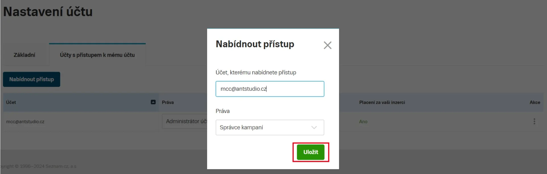 Vyplnění účtu mcc@antstudio.cz a práva Správce kampaní | Jak nasdílet přístup do Skliku