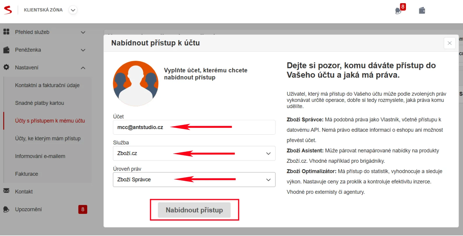 Formulář nabídnutí přístupu s e-mailem, službou zboží.cz a rolí Správce | Jak nasdílet přístup na Zboží.cz