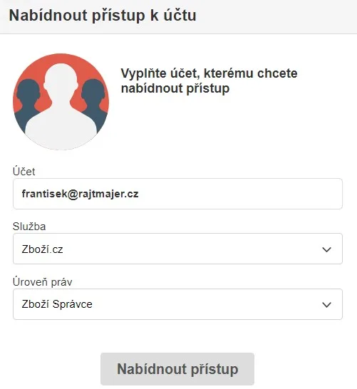 Formulář nabídnutí přístupu s účtem mcc@antstudio.cz a právy Zboží správce | Jak nasdílet přístup k sklik od seznamu