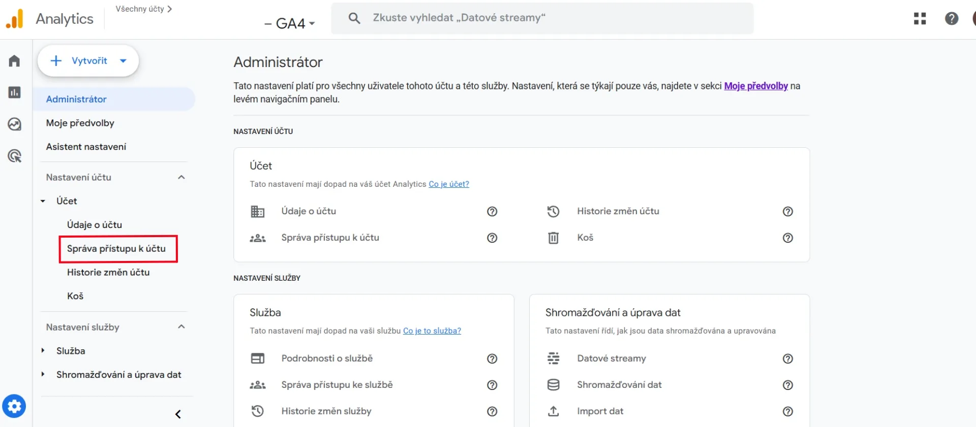 Správa přístupu k účtu v nastavení účtu | Jak přidat nového uživatele do Google Analytics