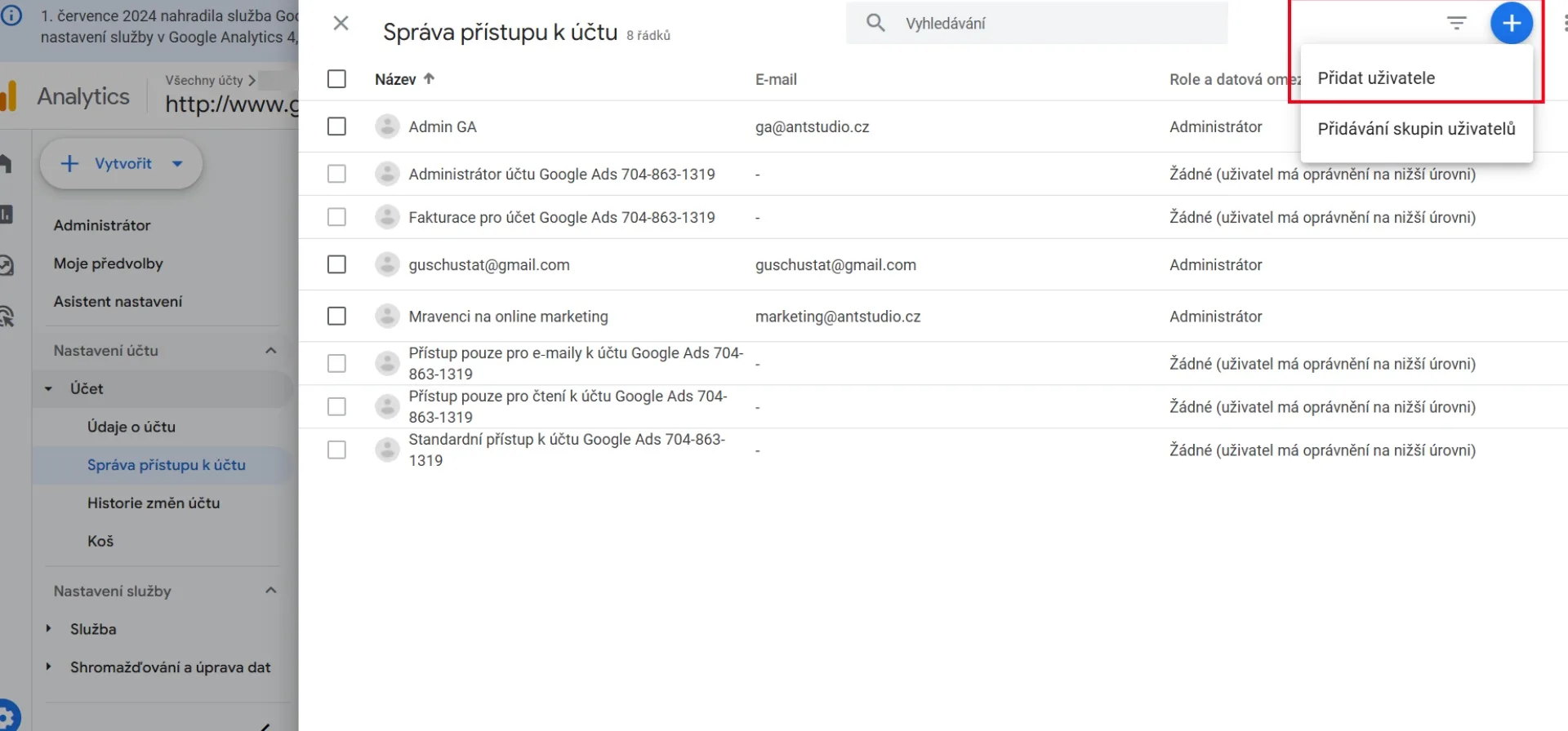 Tlačítko Přidat uživatele ve správě přístupu k účtu | Jak přidat nového uživatele do Google Analytics