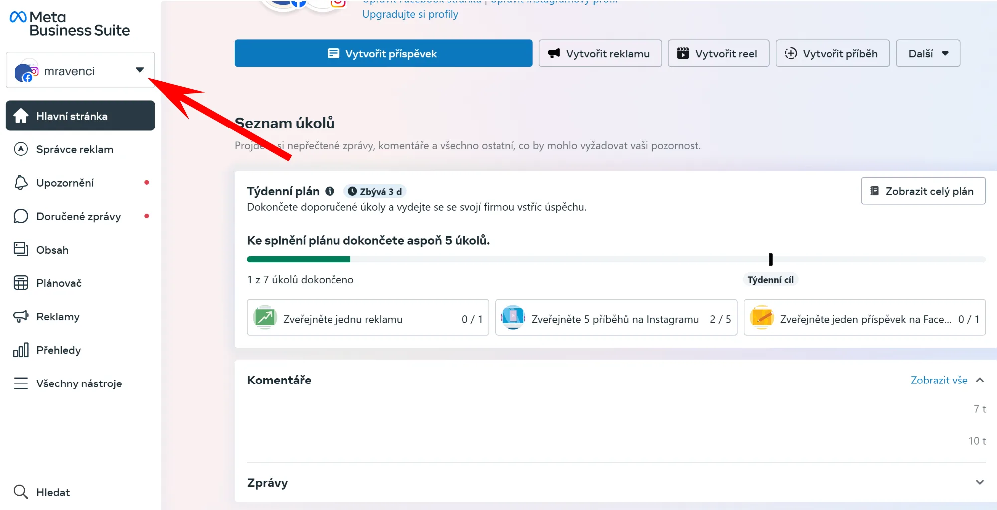 Přihlášení na business.facebook.com s přehledem firemních účtů
