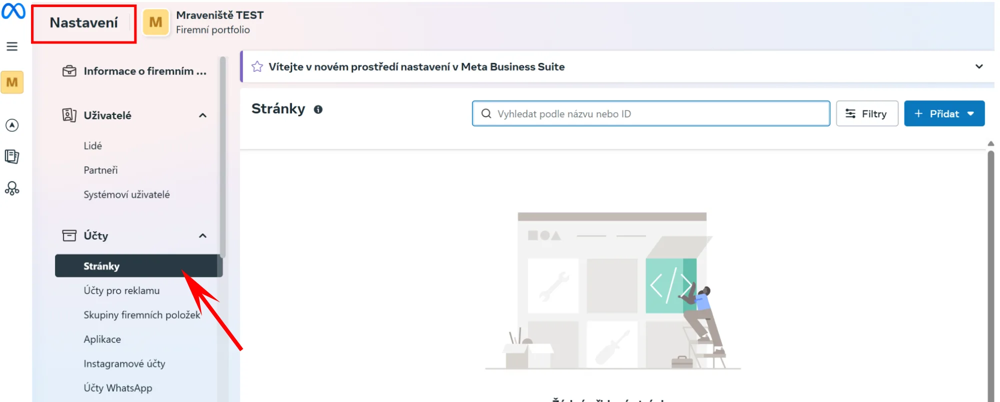 Nastavení na business.facebook.com s přiřazenou stránkou