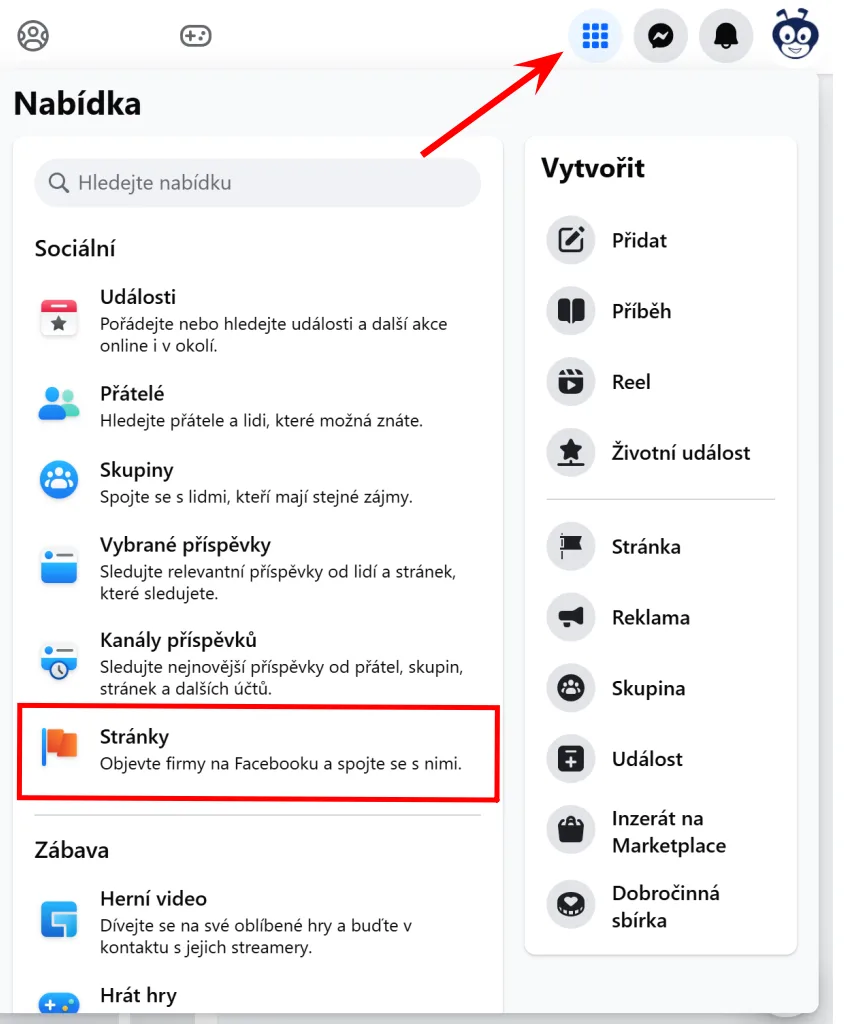 Seznam facebookových stránek v menu osobního profilu