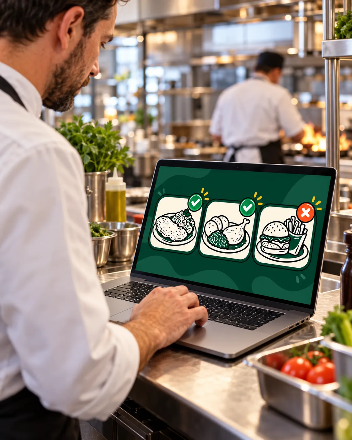 Kuchař v restauraci kontroluje v notebooku návrh obědového menu