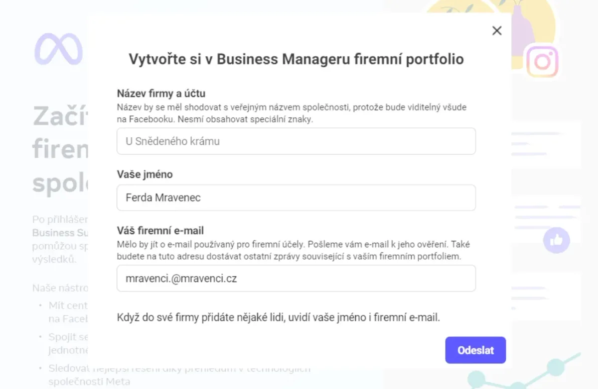 Vyplnění názvu firmy a firemního e-mailu | Meta Business Manager – založení a nasdílení přístupů
