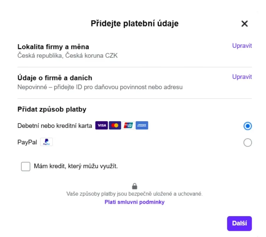 Vyplnění platebních údajů | Meta Business Manager – založení a nasdílení přístupů