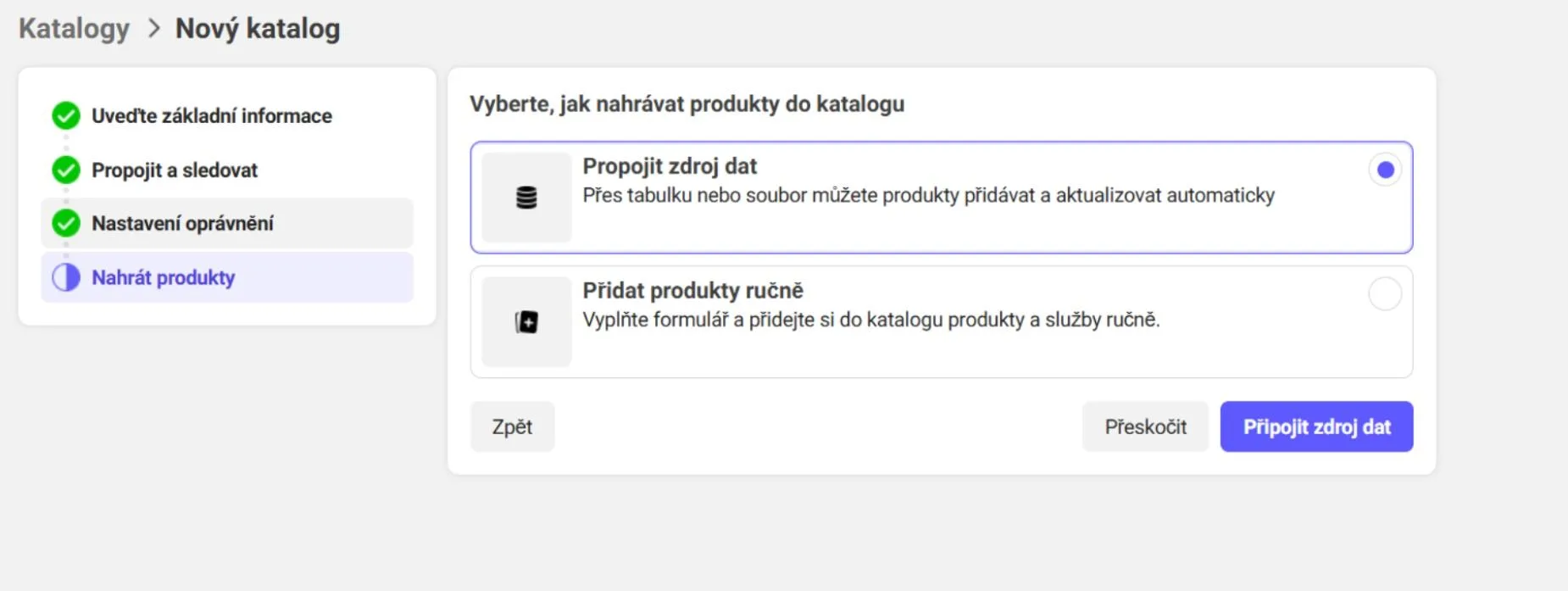 Výběr způsobu nahrání produktů do katalogu | Meta Business Manager – založení a nasdílení přístupů